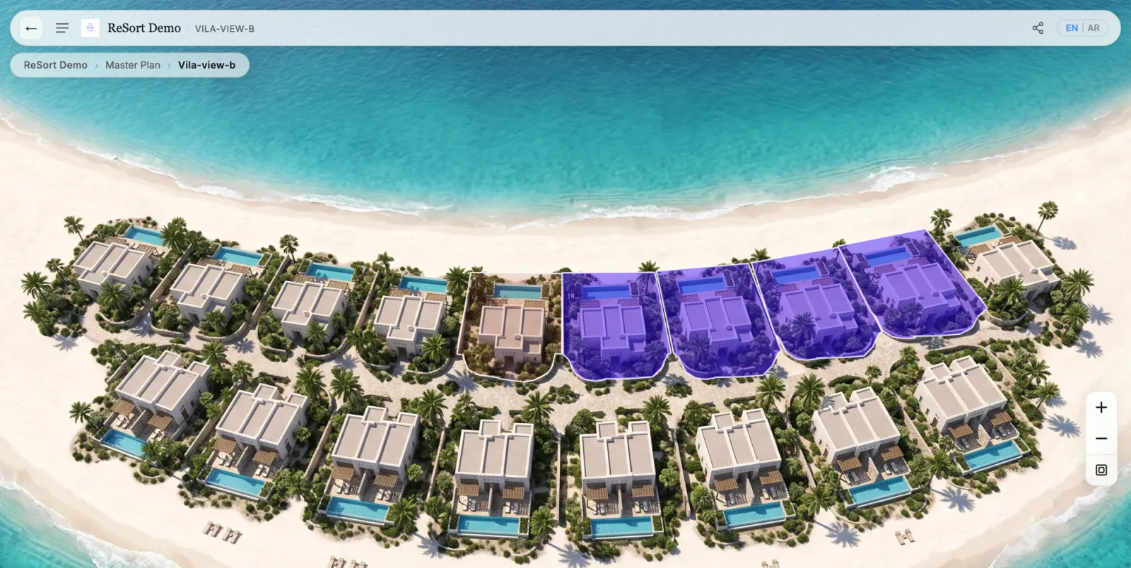 Interactive resort experience built from renders — beachfront villas individually selectable along the shoreline
