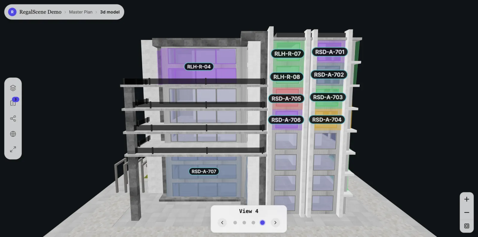 An interactive 3D building model with individual units labeled and colored by live availability across two towers, showing available, reserved, and sold status