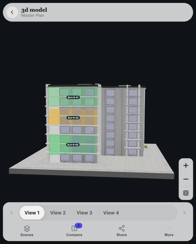 The same interactive 3D building on a phone, with highlighted floors and unit labels and a bottom bar for scenes, compare, and share