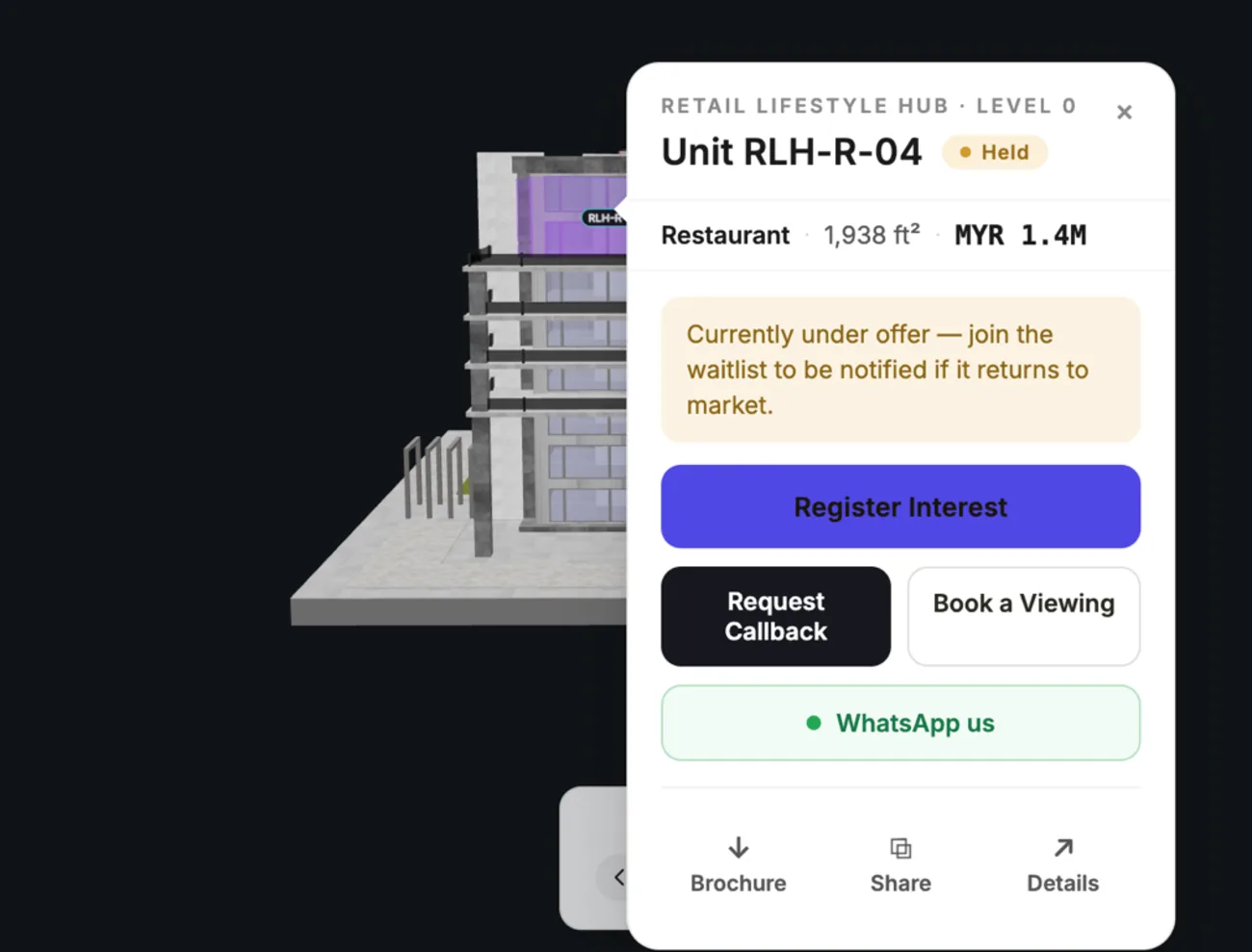 A unit selected on a 3D building model in RegalScene, showing status, size, price and the register interest, callback and WhatsApp actions