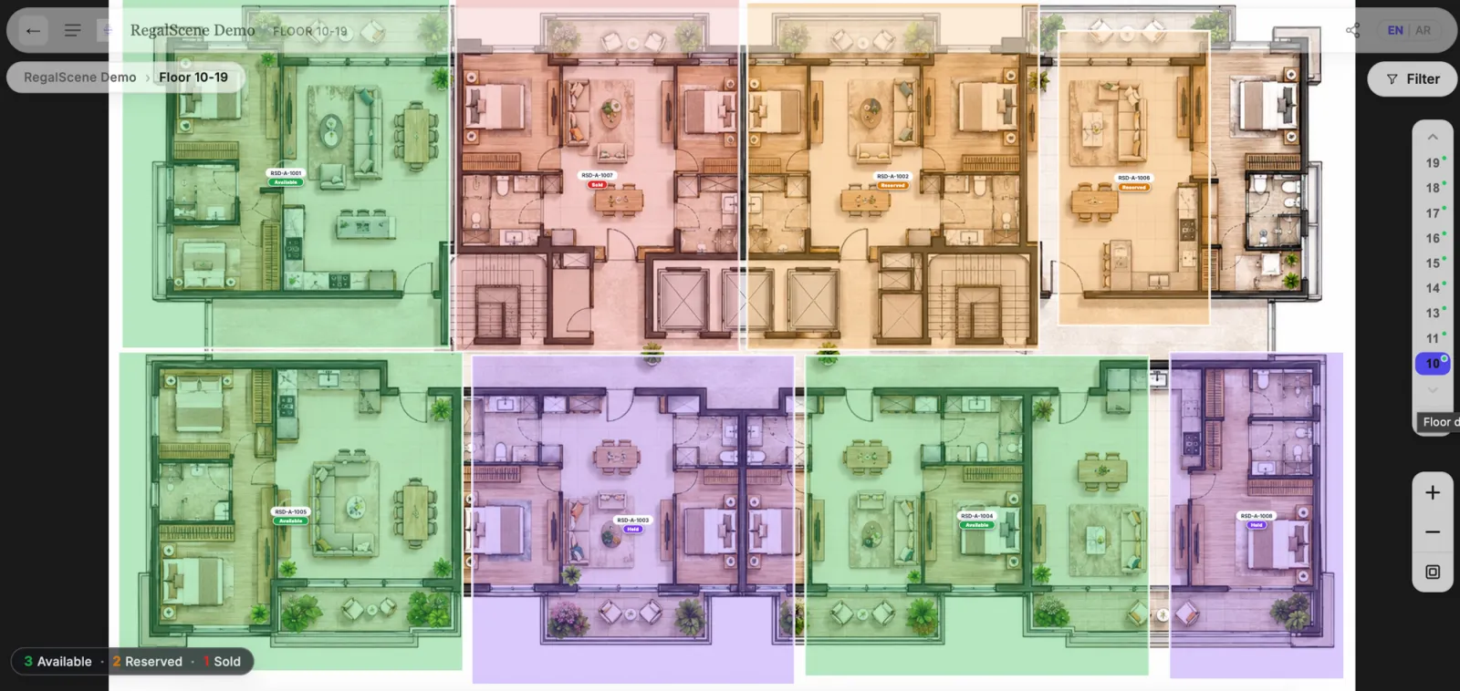 Interactive floor plan with every unit colored by live availability
