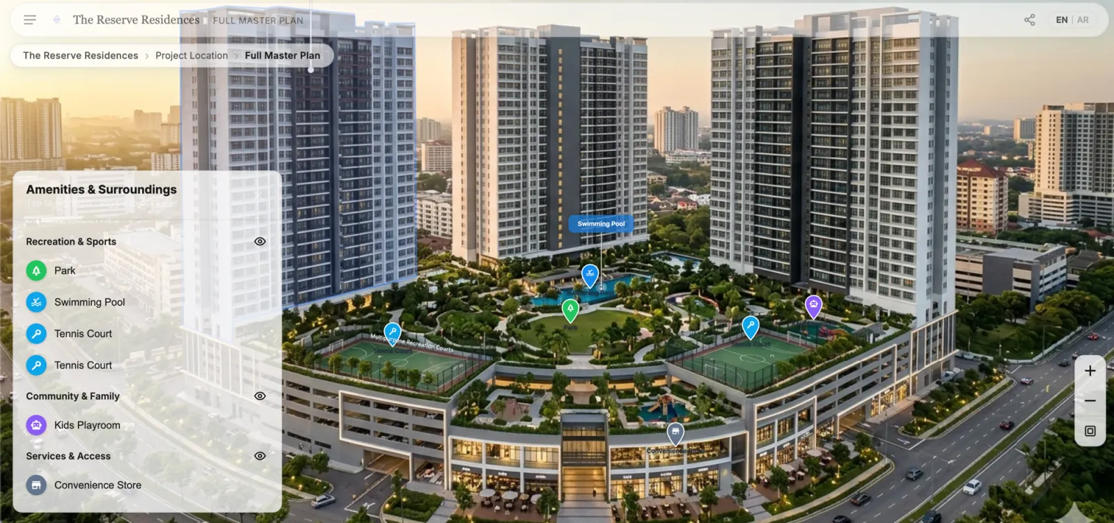 An interactive master plan in RegalScene with clickable buildings, zones, and amenity points of interest