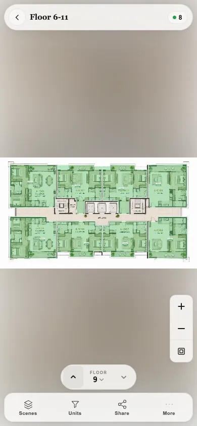 Interactive floor plate on mobile showing unit layouts and live status