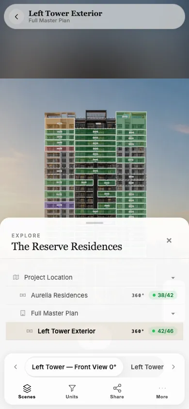 Scene navigation across a project's map, buildings, and floors on mobile