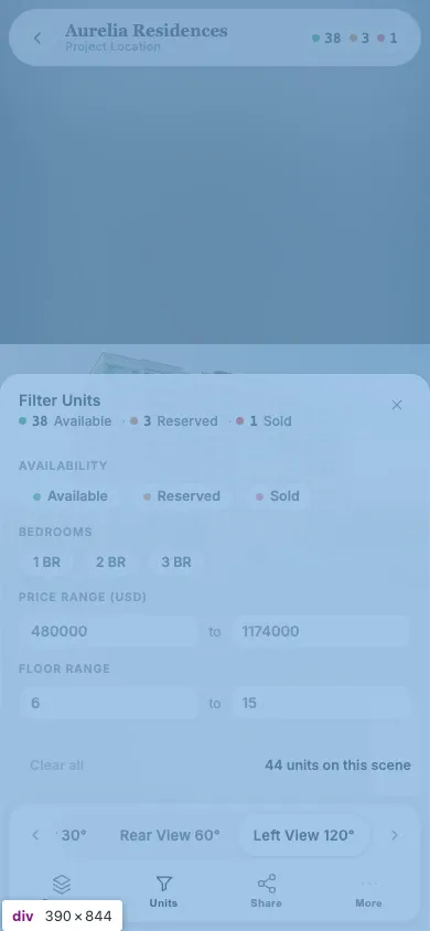 Unit filter on mobile: availability, bedrooms, price, and floor range in a one-handed panel