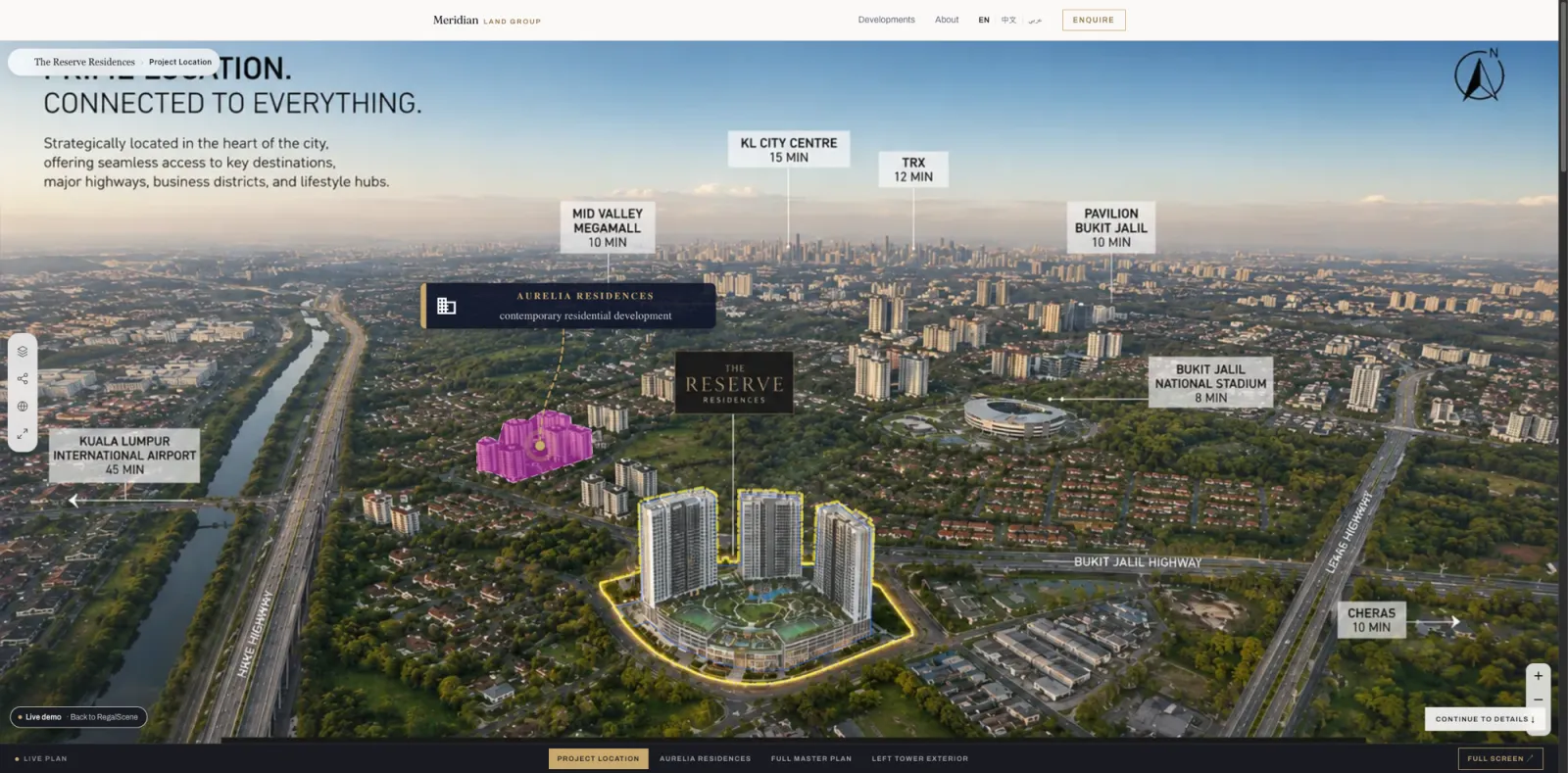 One portfolio map as the entry point, with individual projects placed as selectable locations over the real geography