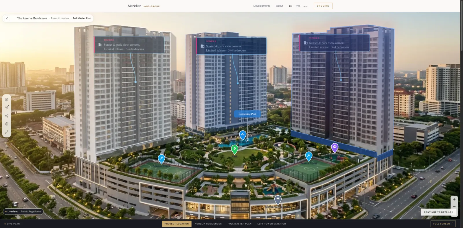 A project master plan with several towers, amenities, and points of interest as hotspots