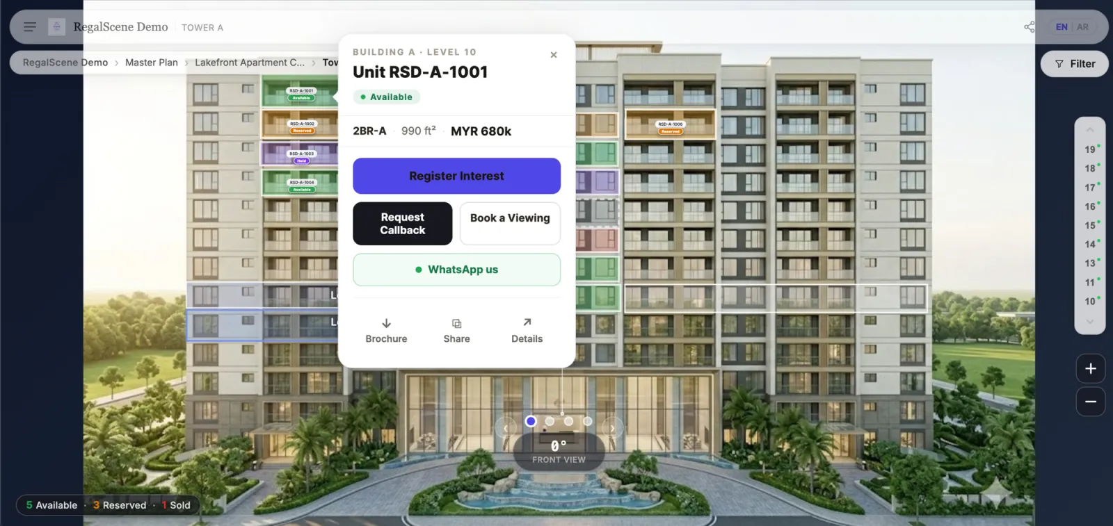 Unit enquiry card with price and WhatsApp lead capture actions