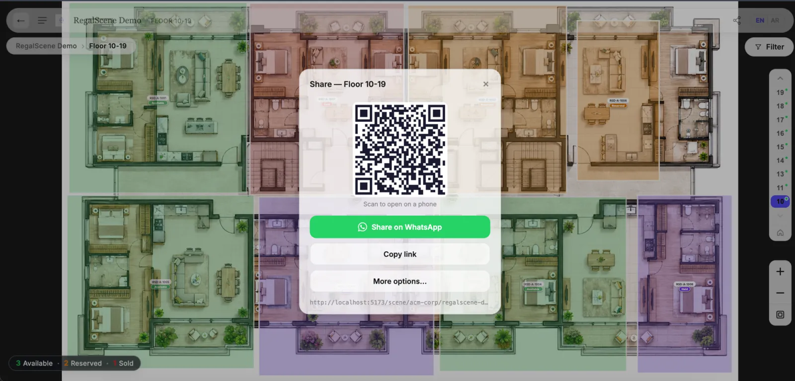 Share sheet with QR code and WhatsApp sharing for a specific floor