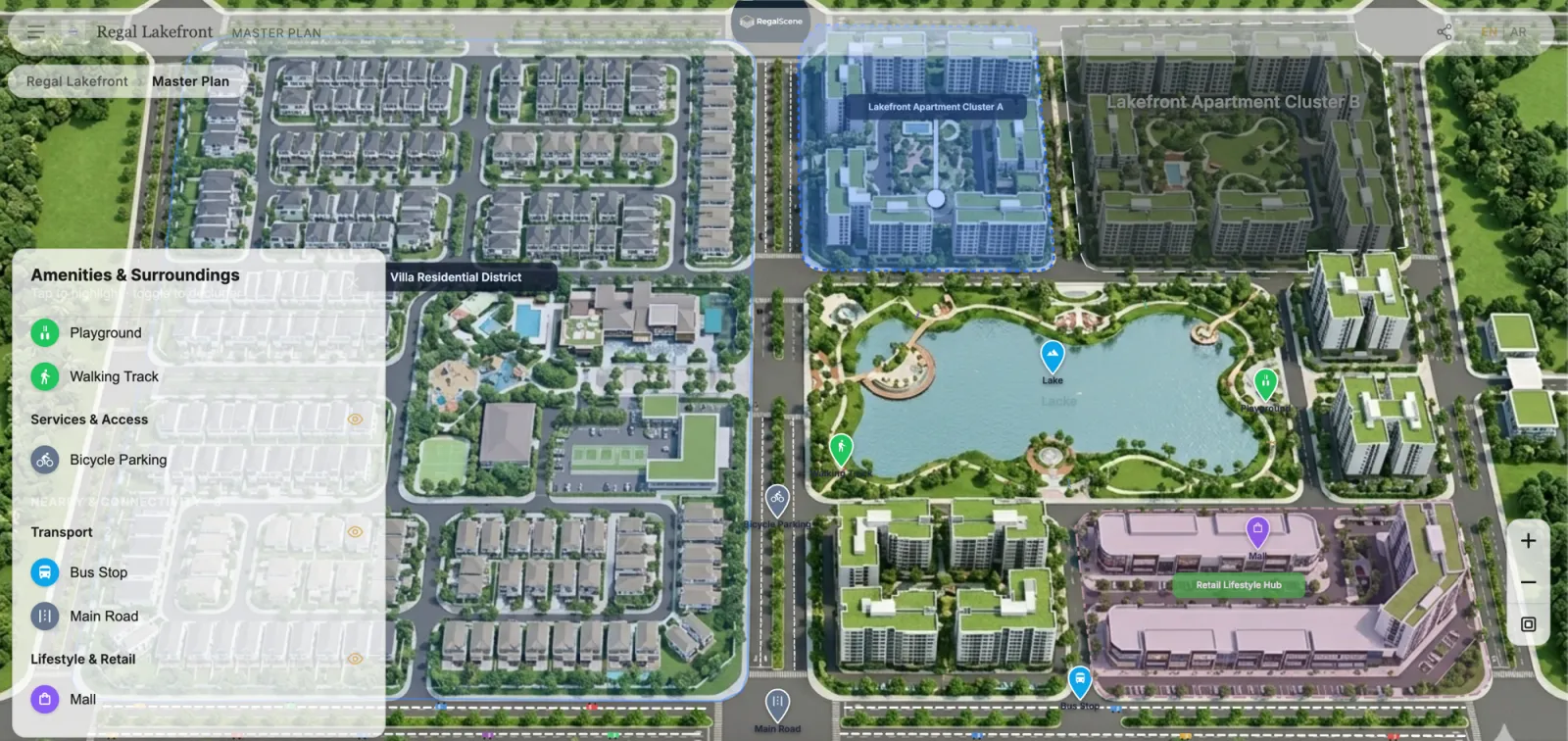 Interactive township master plan with clickable zones and amenity labels
