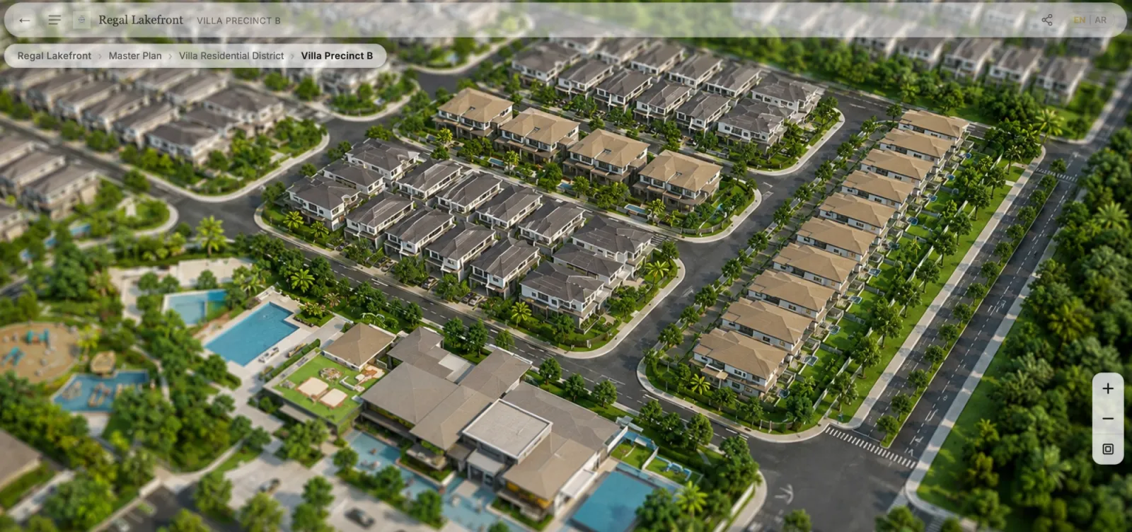 Villa precinct aerial showing the cluster's streets, homes, and clubhouse in context