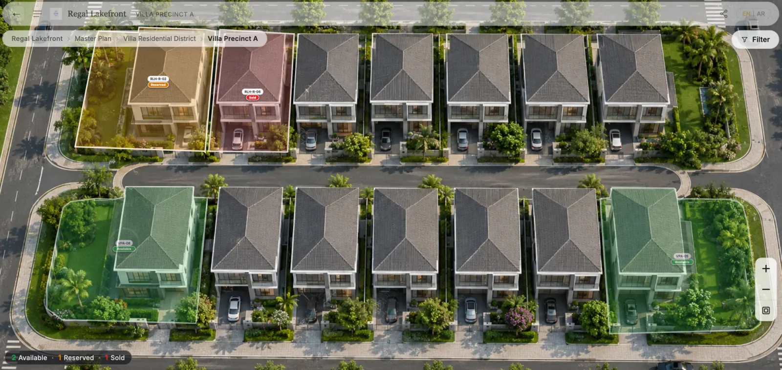 Villa precinct with per-villa availability status — available, reserved, and sold homes marked on the aerial