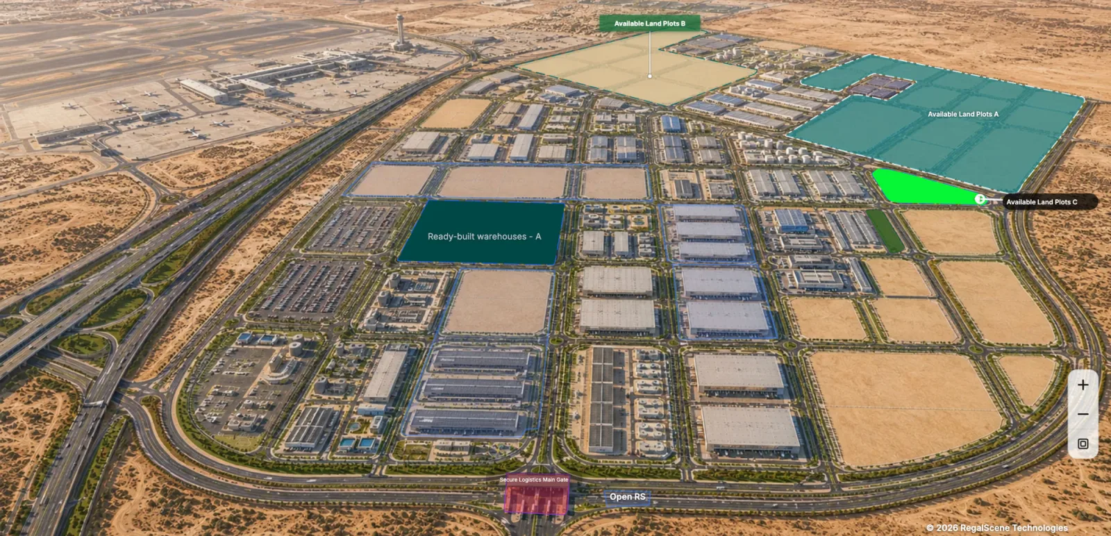 Interactive free-zone plan with available land plots and ready-built warehouses