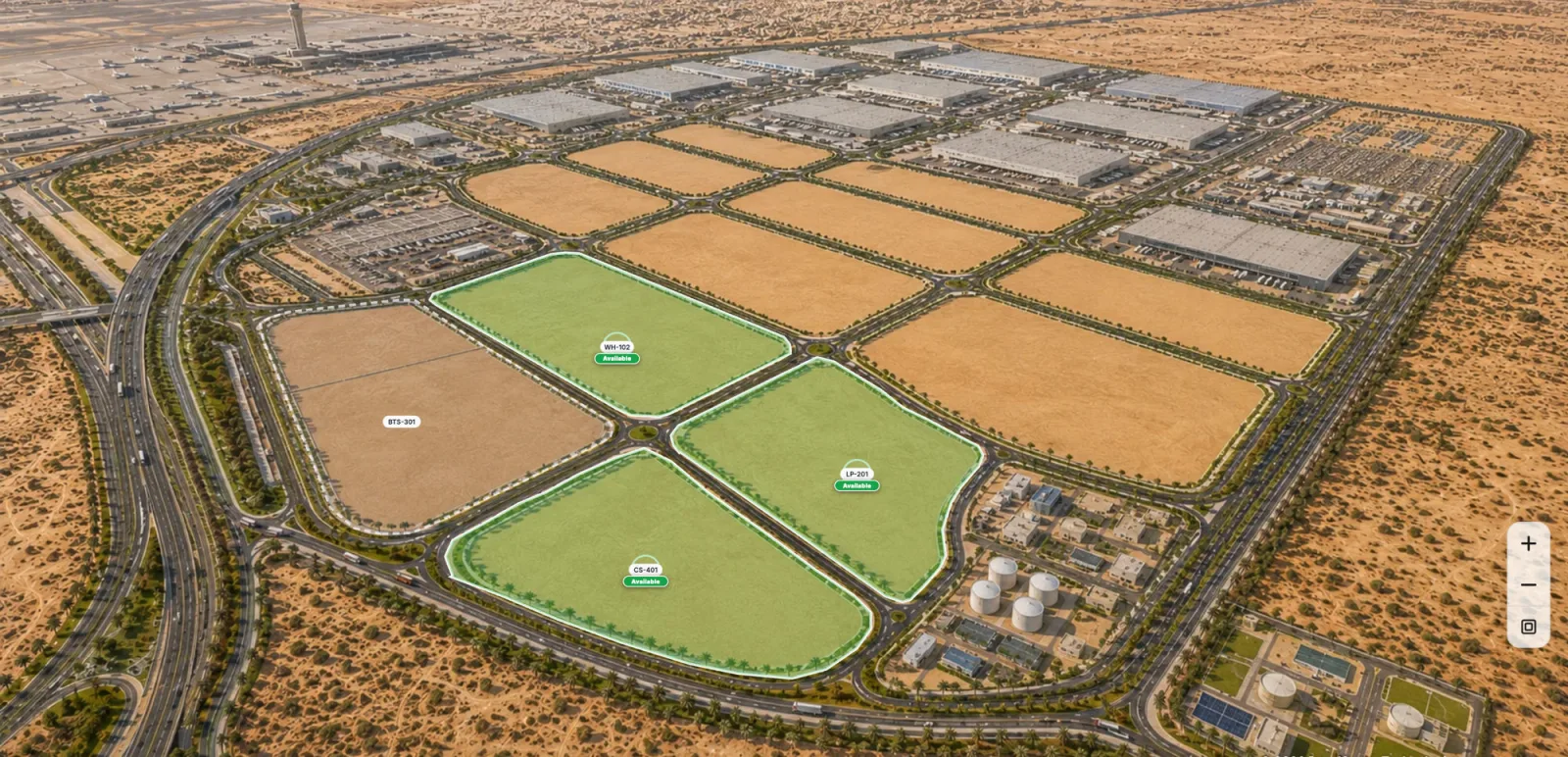Land plots across the zone marked with availability status