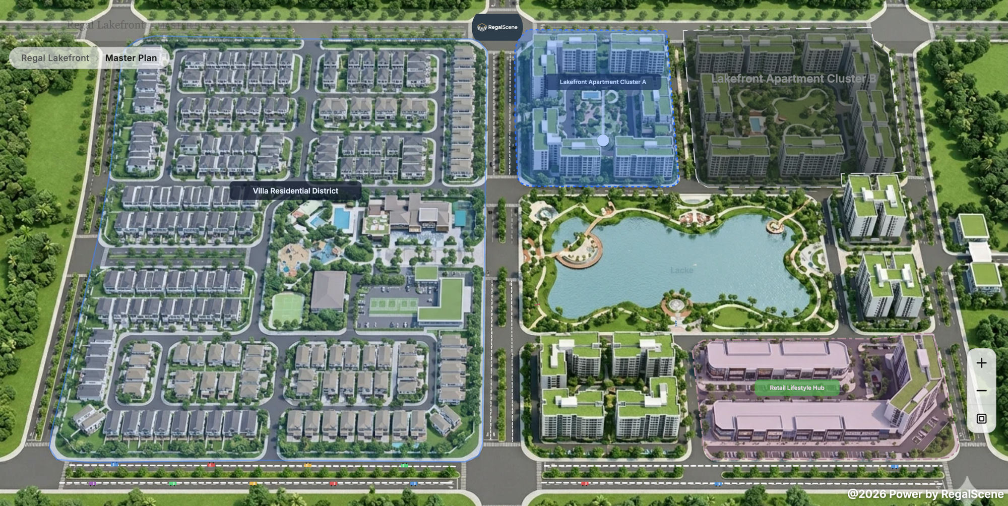 Interactive master plan showing a lakefront township with residential districts, apartments, and amenities