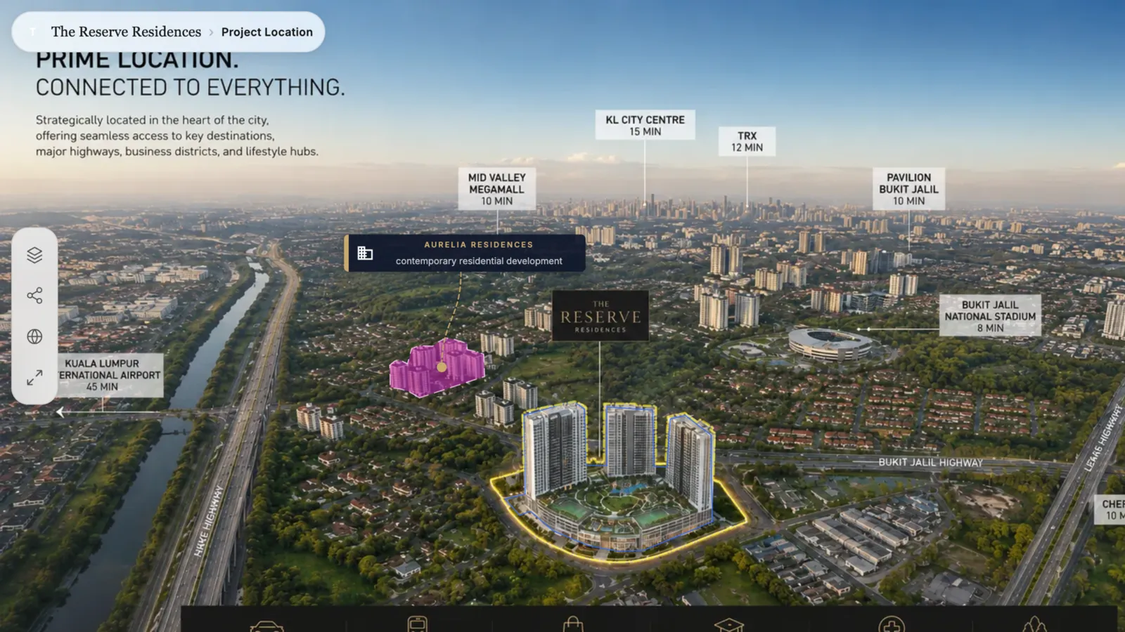 Interactive master plan aerial holding more than one project, with each development outlined and travel times to nearby city destinations