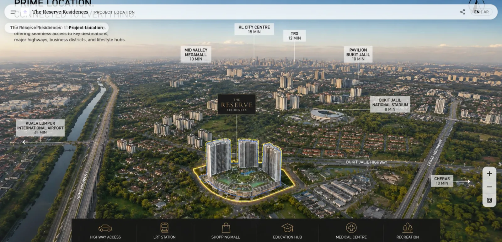 Interactive project location map with drive-time markers to city centre, malls, transit, and the airport