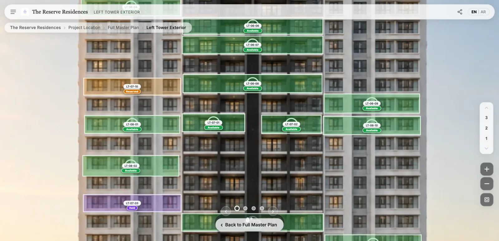 Building facade with individual units color-coded by live status: Available in green, Reserved in orange, Held in violet