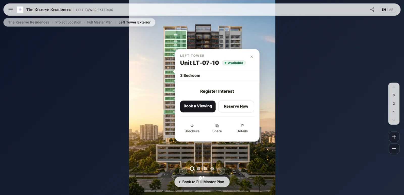 Buyer viewing an available three-bedroom unit with options to book a viewing, reserve, or download the brochure